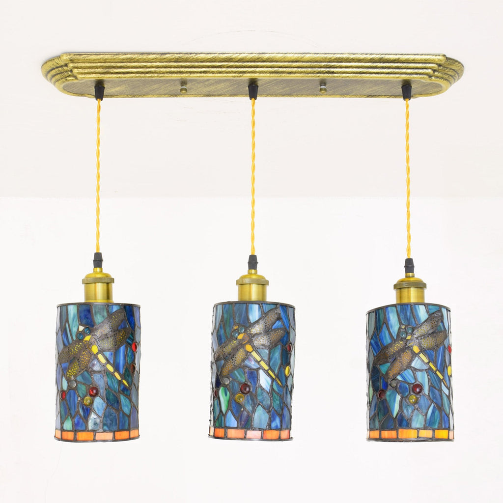 Three-Light Tiffany Stained Glass Dragonfly Pendant Light