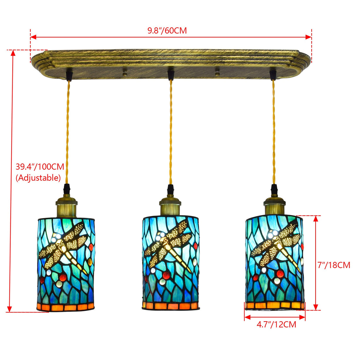 Three-Light Tiffany Stained Glass Dragonfly Pendant Light