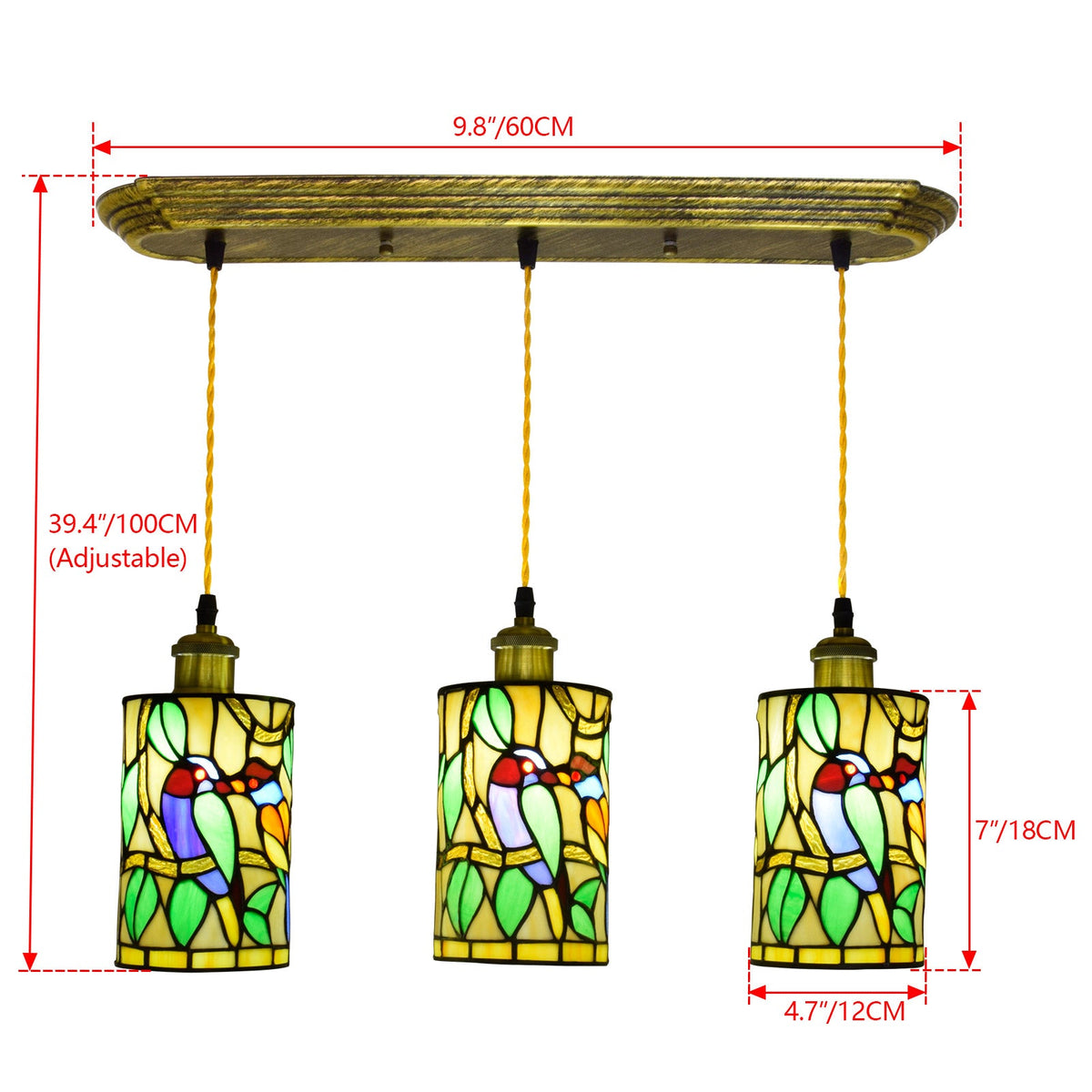 Tiffany Style Stained Glass 3-Light Pendant Light with Bird Design
