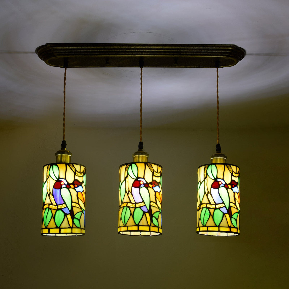 Tiffany Style Stained Glass 3-Light Pendant Light with Bird Design