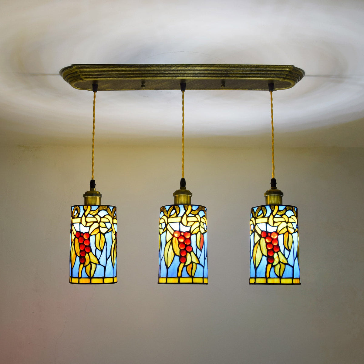 Three-Light Tiffany Stained Glass Pendant Chandelier