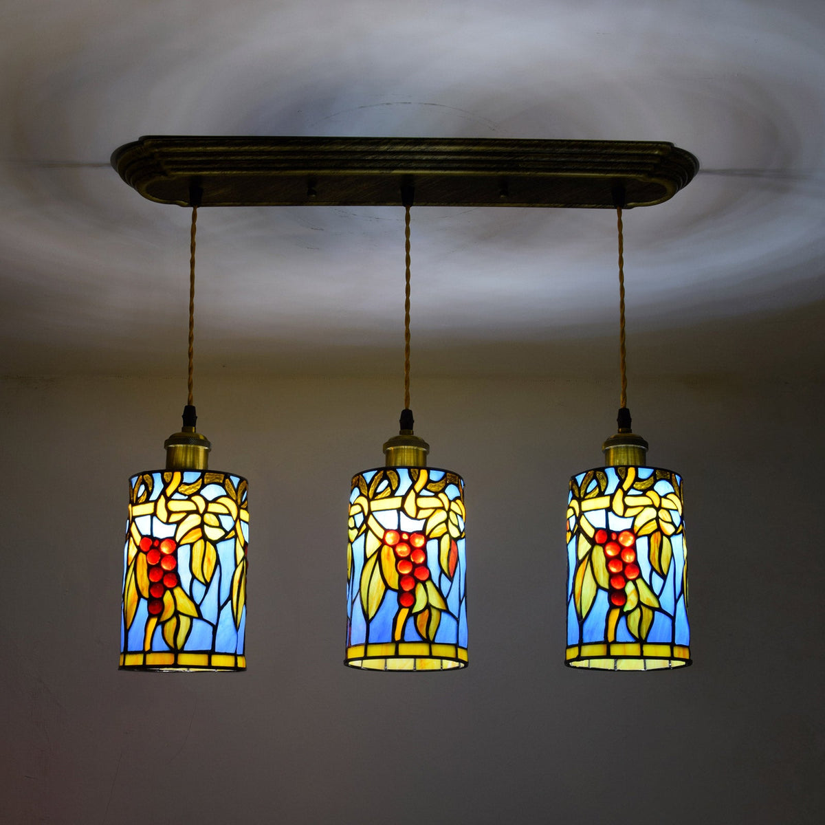 Three-Light Tiffany Stained Glass Pendant Chandelier