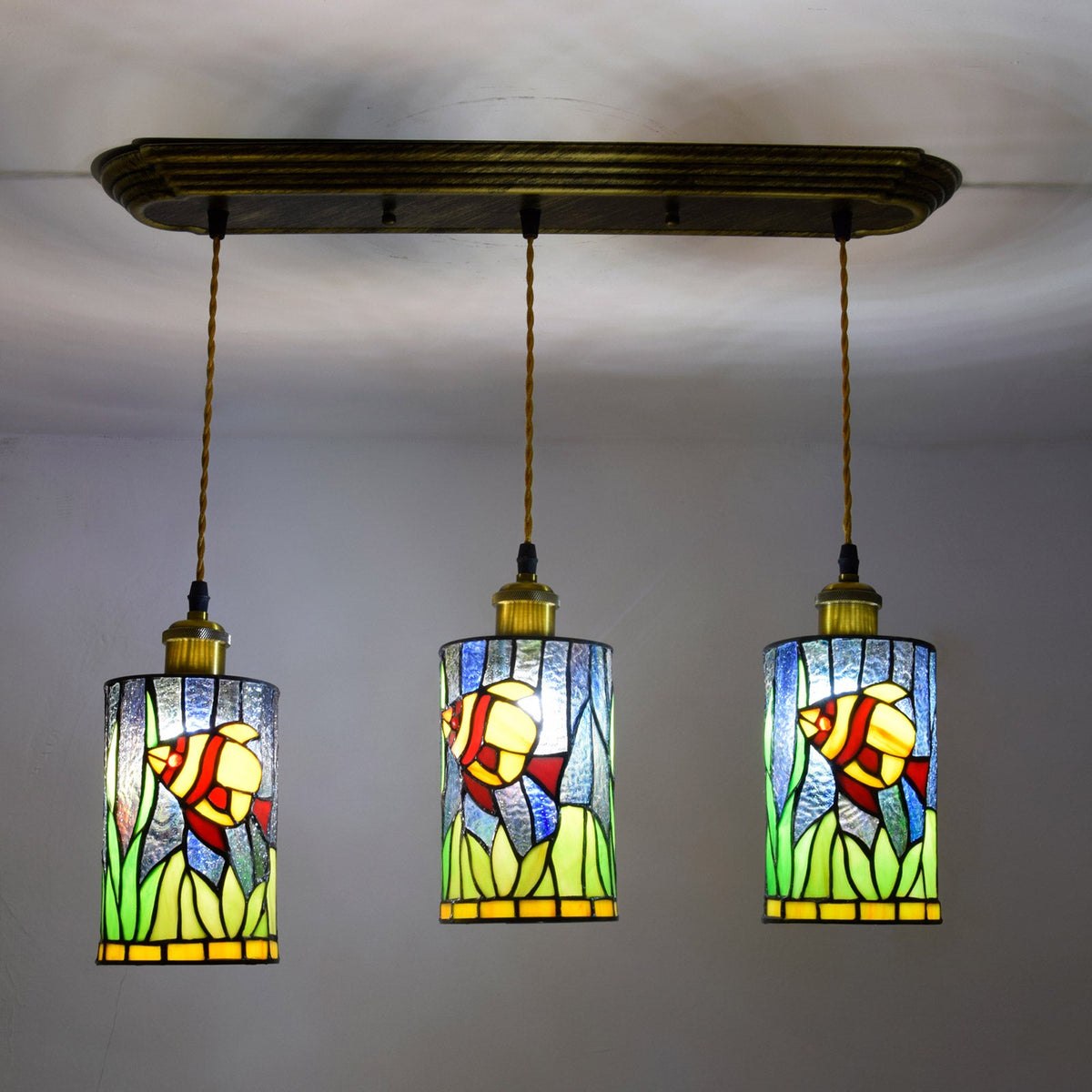 3-Light Pendant Light in Tinted Glass with Fish Motif