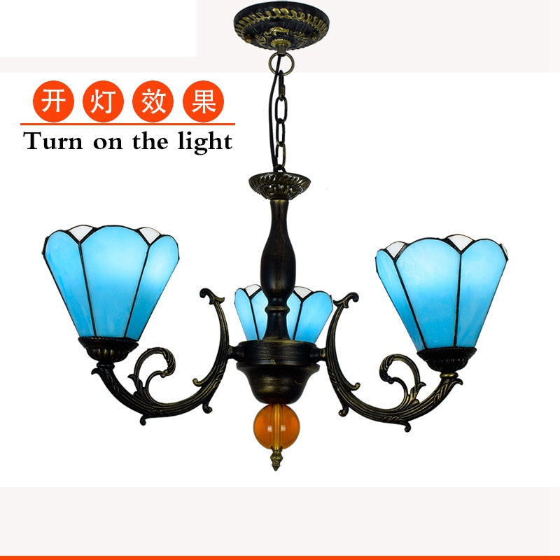 Antique Chandelier with Blue Glass and Patinated Bronze Finish