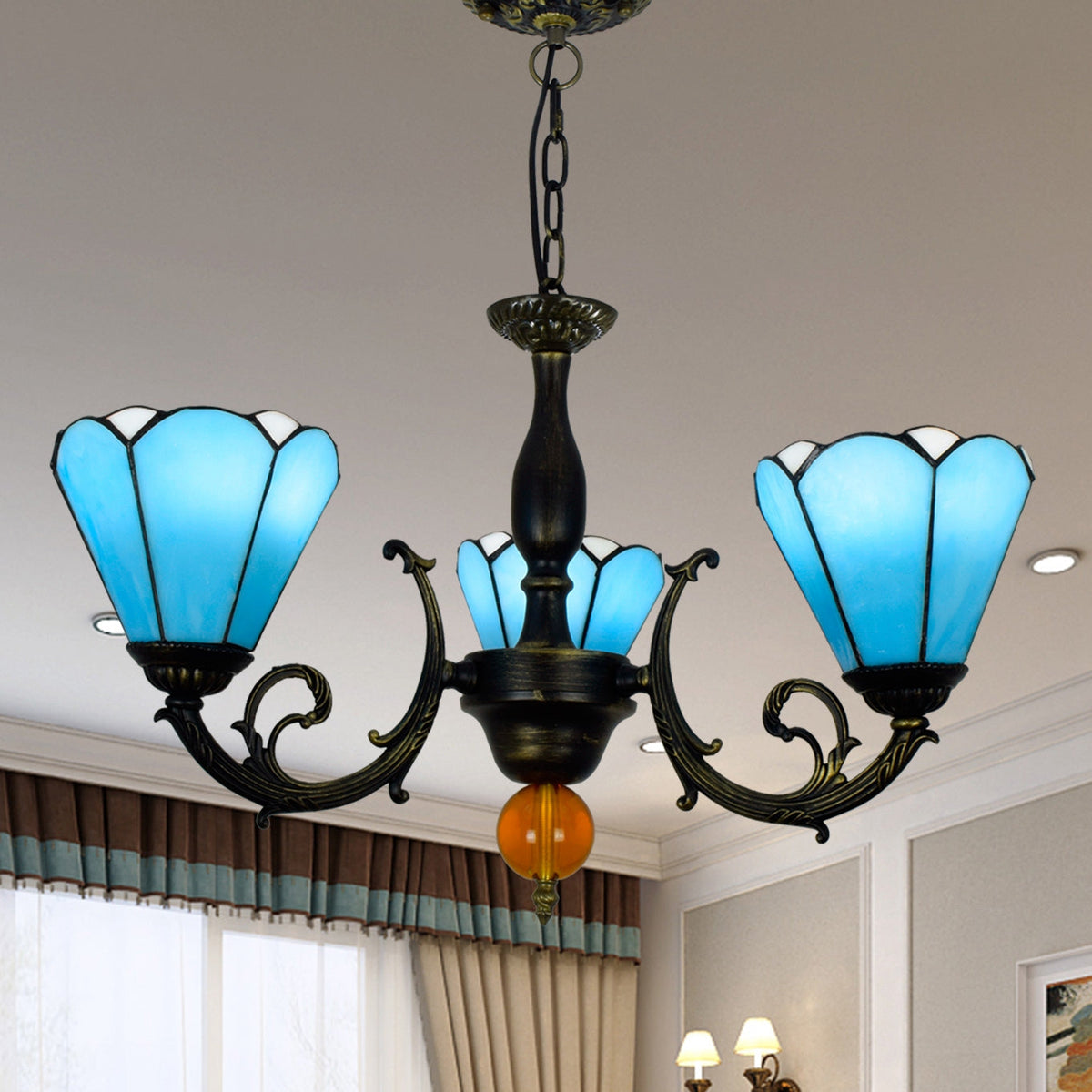 Antique Chandelier with Blue Glass and Patinated Bronze Finish