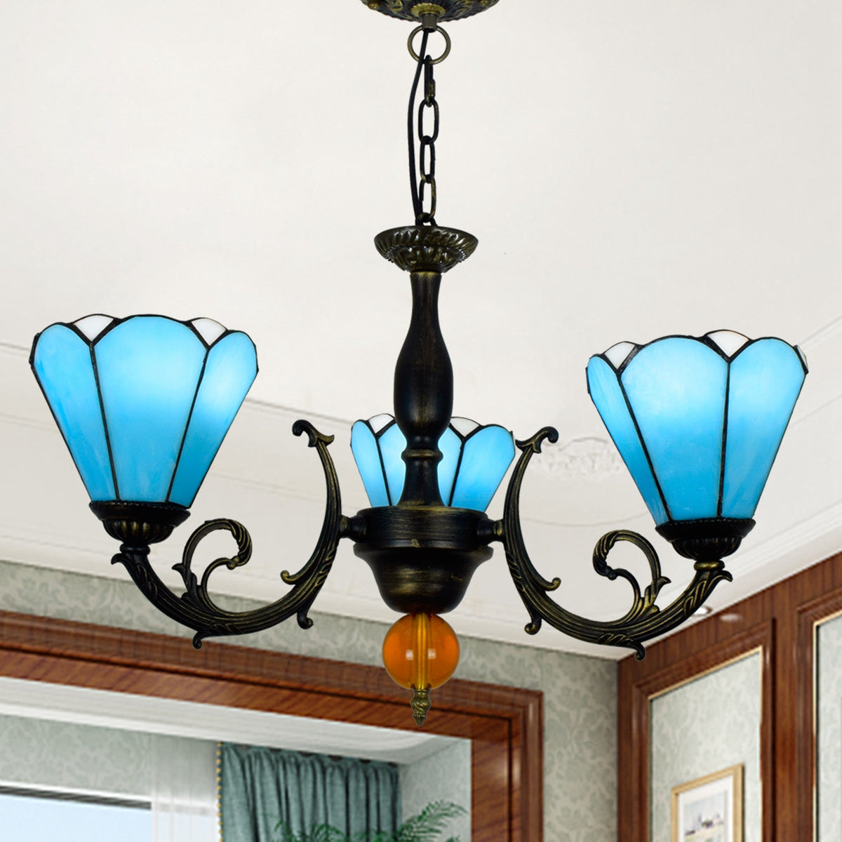 Antique Chandelier with Blue Glass and Patinated Bronze Finish