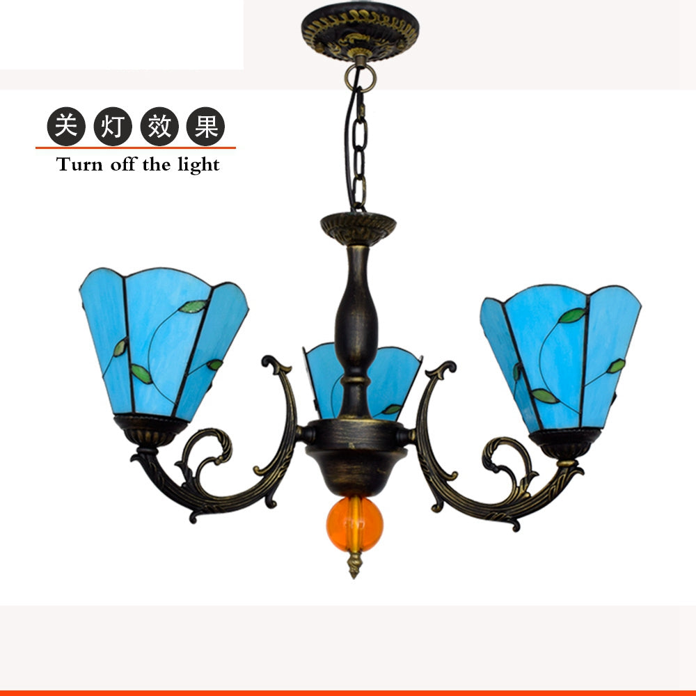 Classic Bronze Chandelier with 3 Blue Glass Leaf Lights