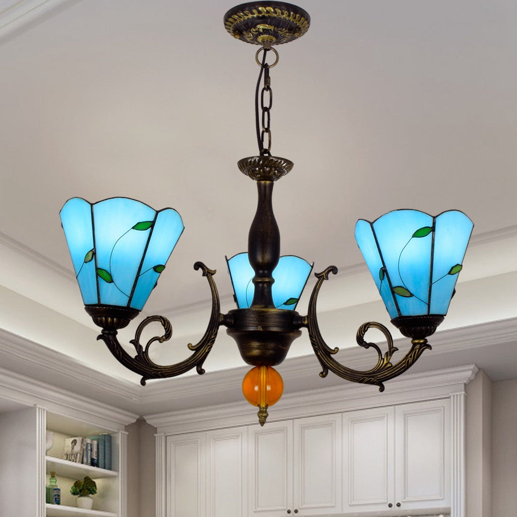 Classic Bronze Chandelier with 3 Blue Glass Leaf Lights