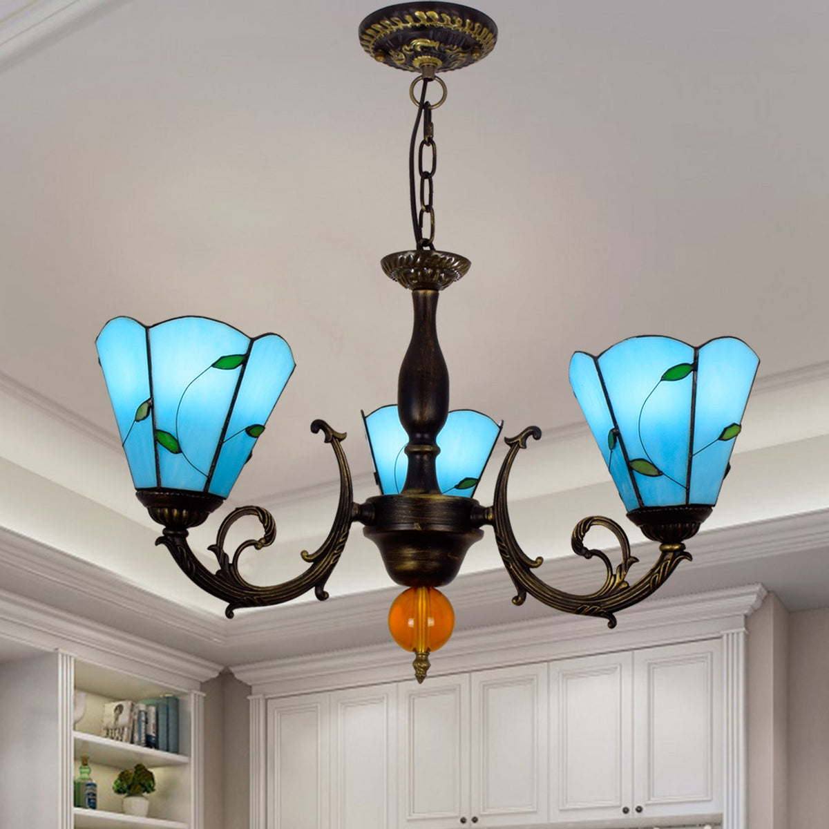 Classic Bronze Chandelier with 3 Blue Glass Leaf Lights