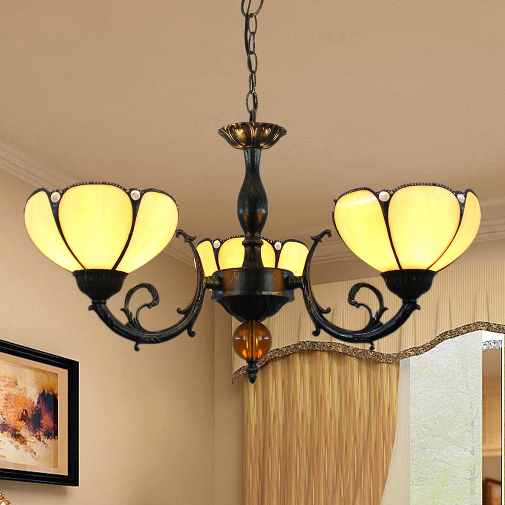 Ornate Tiffany-style chandelier with 3 arms and cream glass