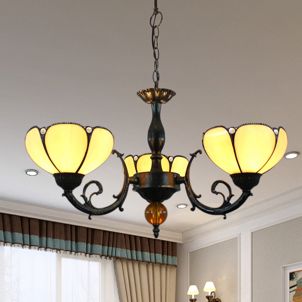 Ornate Tiffany-style chandelier with 3 arms and cream glass