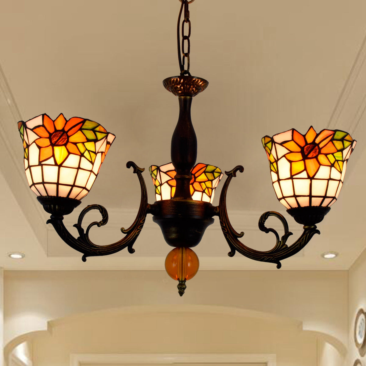 Vintage Sunflower Stained Glass Chandelier