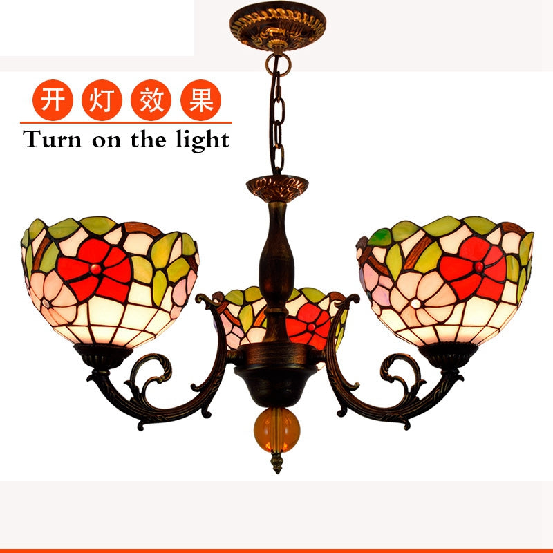 Tiffany Stained Glass Pendant Light with 3 Floral Lights