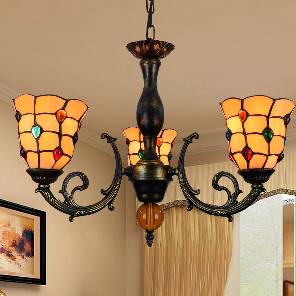 Tiffany Style 5-Light Amber Glass Chandelier