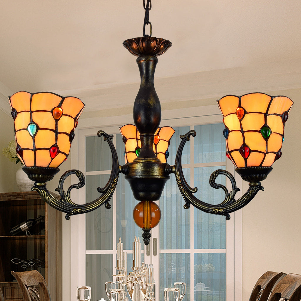 Tiffany Style 5-Light Amber Glass Chandelier