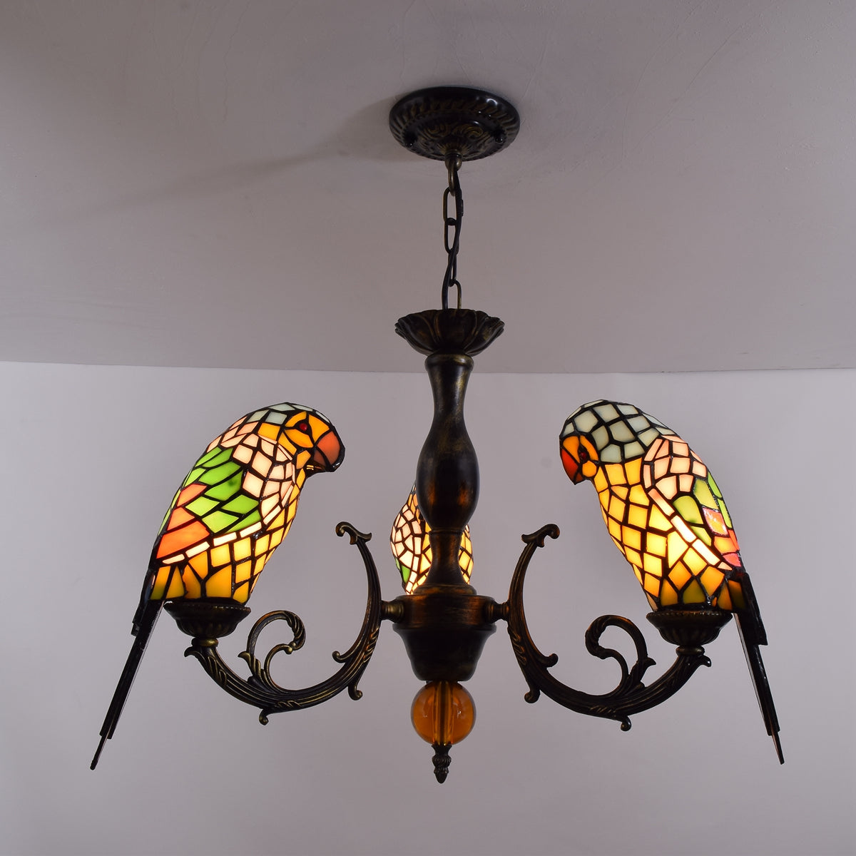Tiffany Style Stained Glass Parrot Chandelier