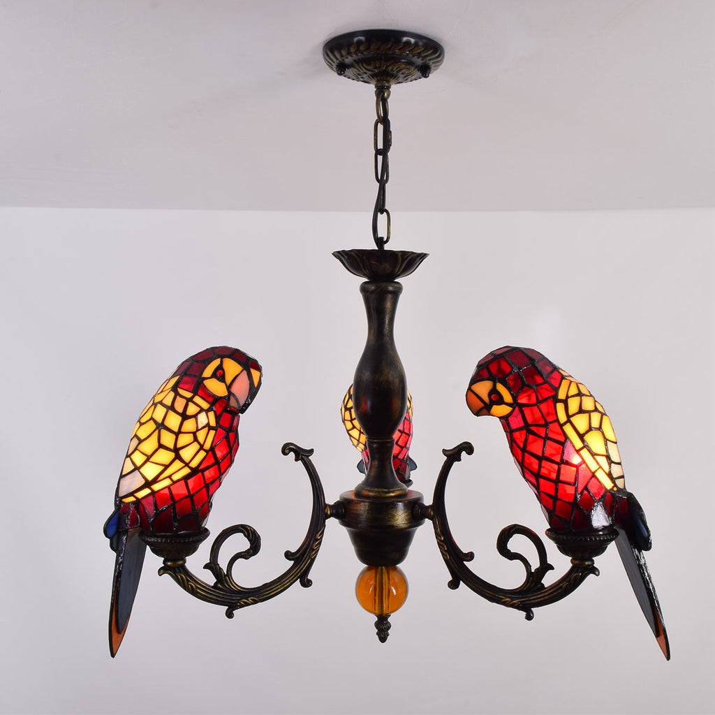 Tiffany stained glass chandelier with three parrots