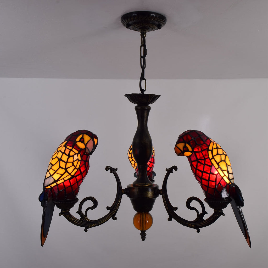 Tiffany stained glass chandelier with three parrots