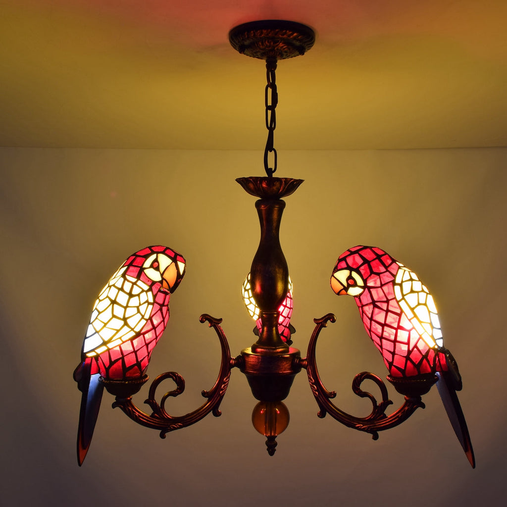 Tiffany stained glass chandelier with three parrots