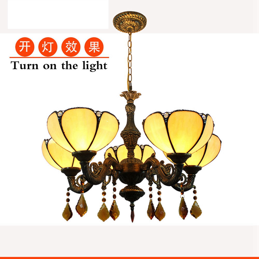 Carved Bronze Chandelier with Amber Flower Shades