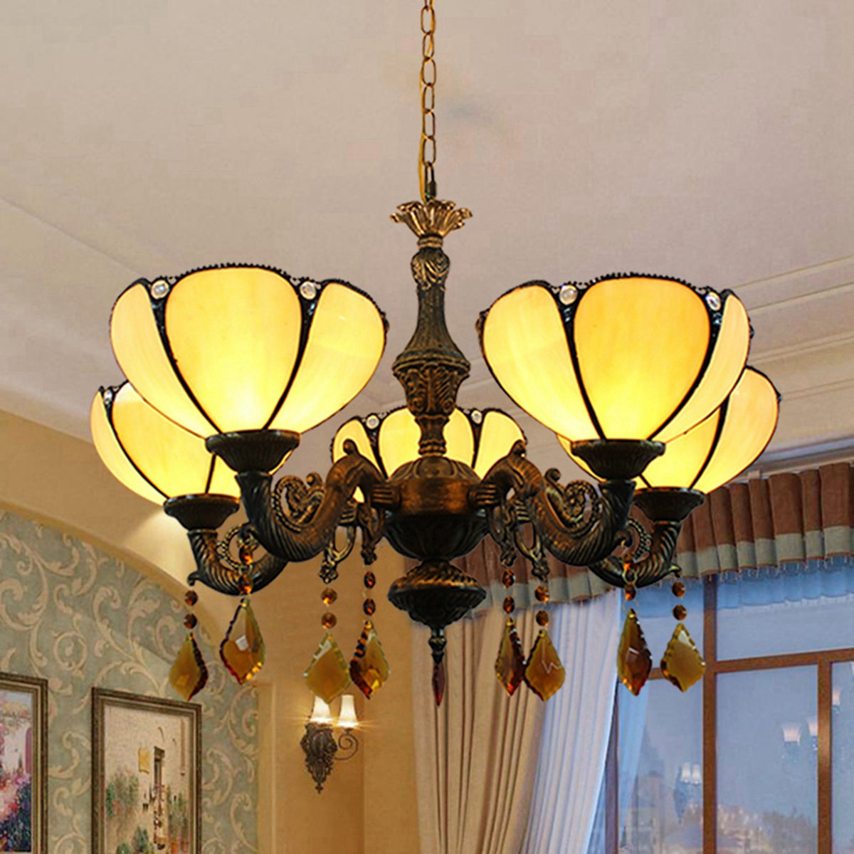Carved Bronze Chandelier with Amber Flower Shades