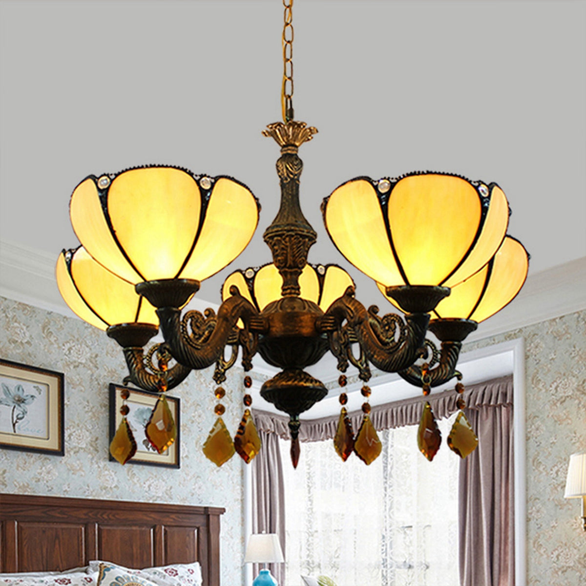 Carved Bronze Chandelier with Amber Flower Shades