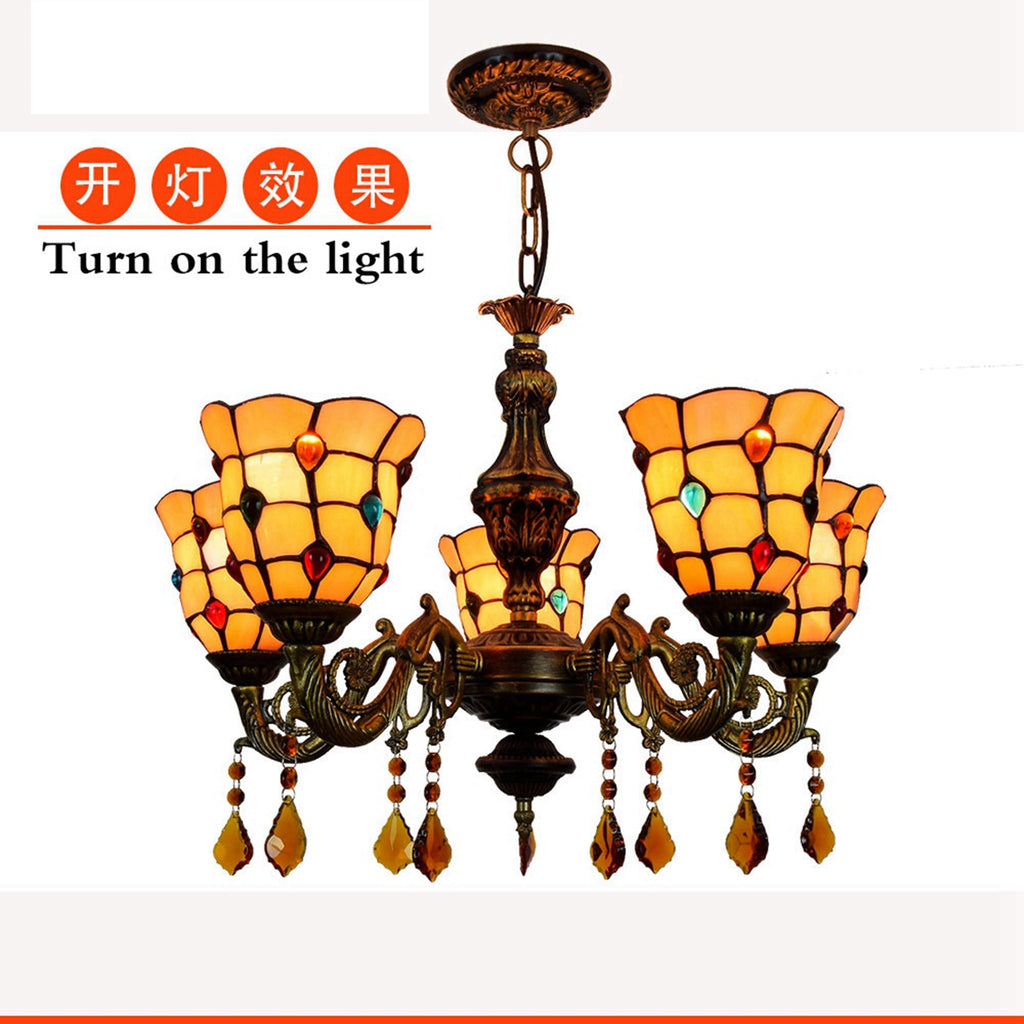 Five-Light Antique Bronze Tiffany Style Chandelier