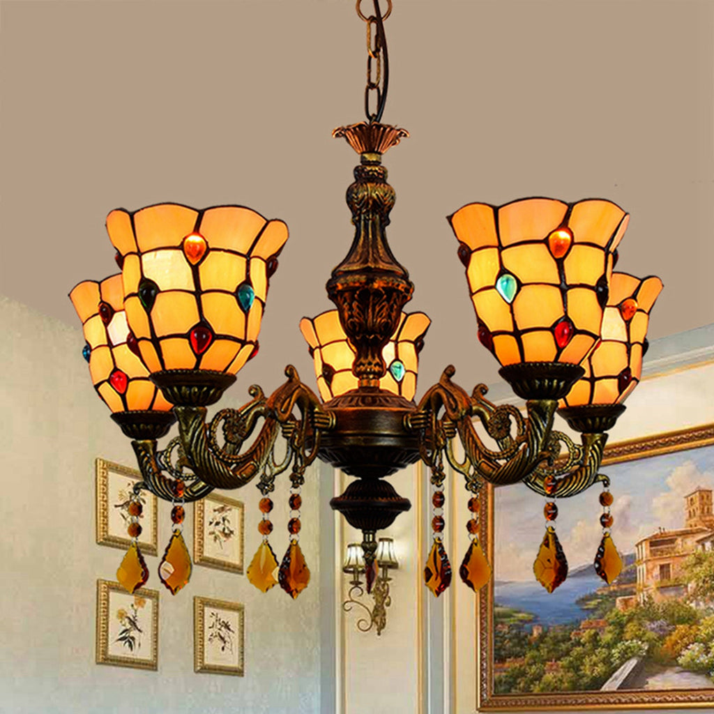 Five-Light Antique Bronze Tiffany Style Chandelier