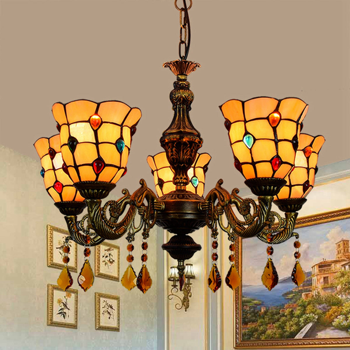 Five-Light Antique Bronze Tiffany Style Chandelier