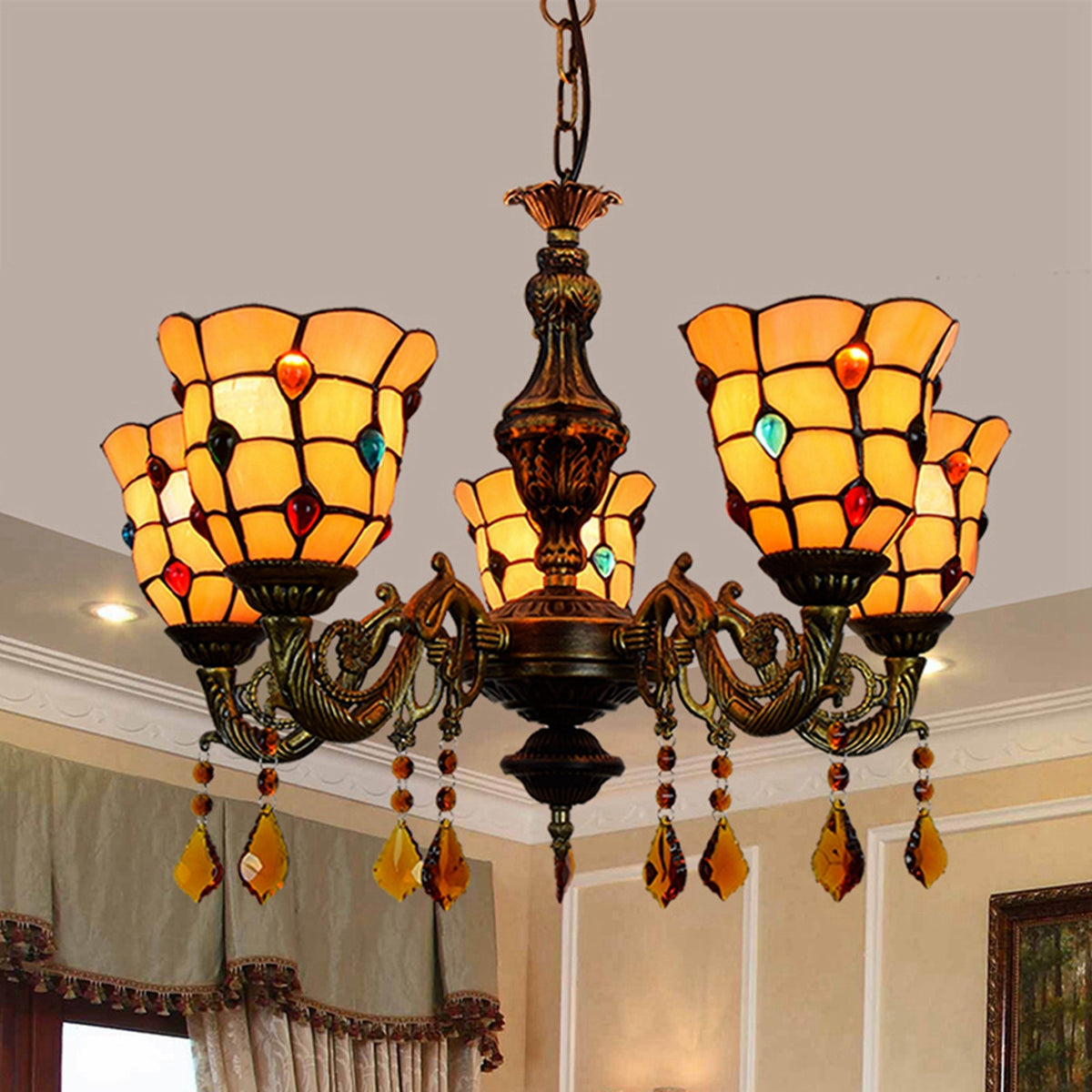 Five-Light Antique Bronze Tiffany Style Chandelier