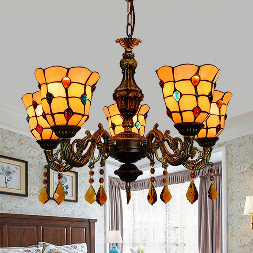 Five-Light Antique Bronze Tiffany Style Chandelier