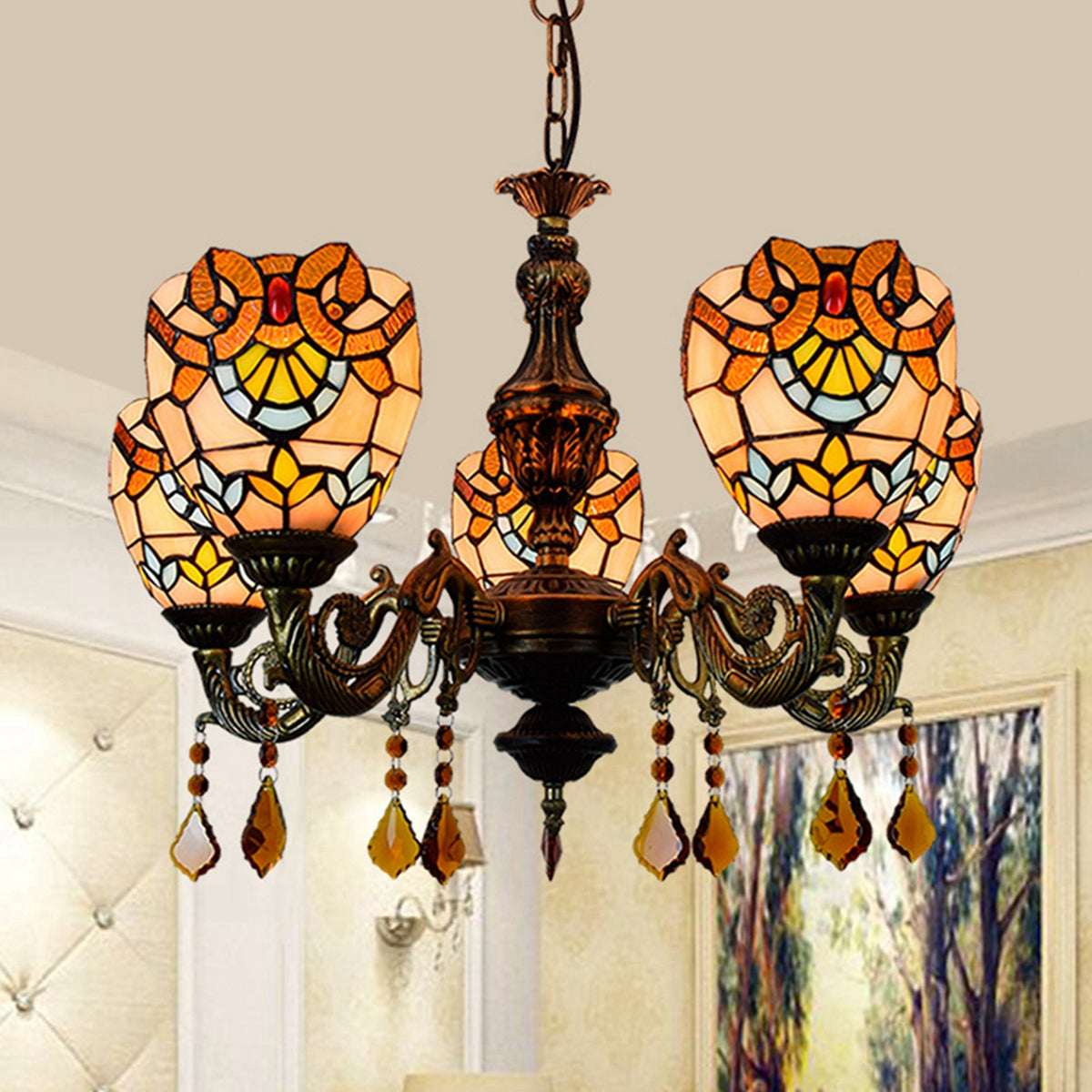 Tiffany Style Chandelier in Aged Bronze with 5 Lights