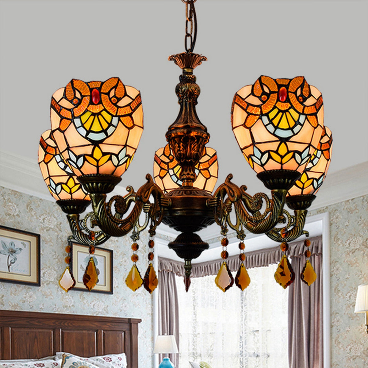 Tiffany Style Chandelier in Aged Bronze with 5 Lights