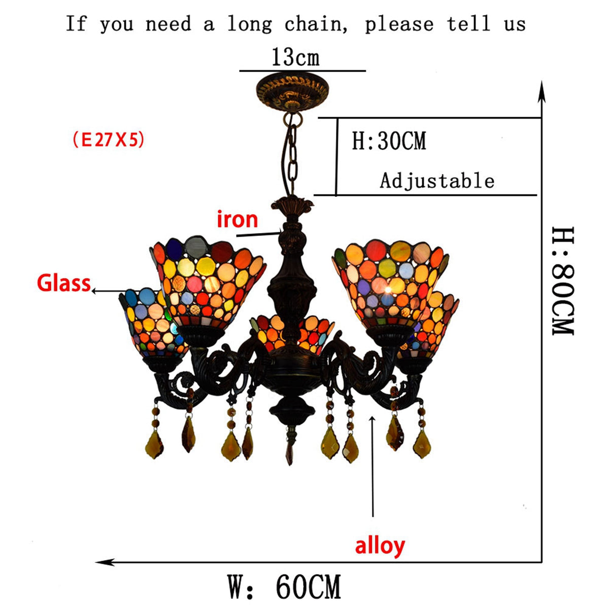 5-Light Multicolored Stained Glass Chandelier in Tiffany Style