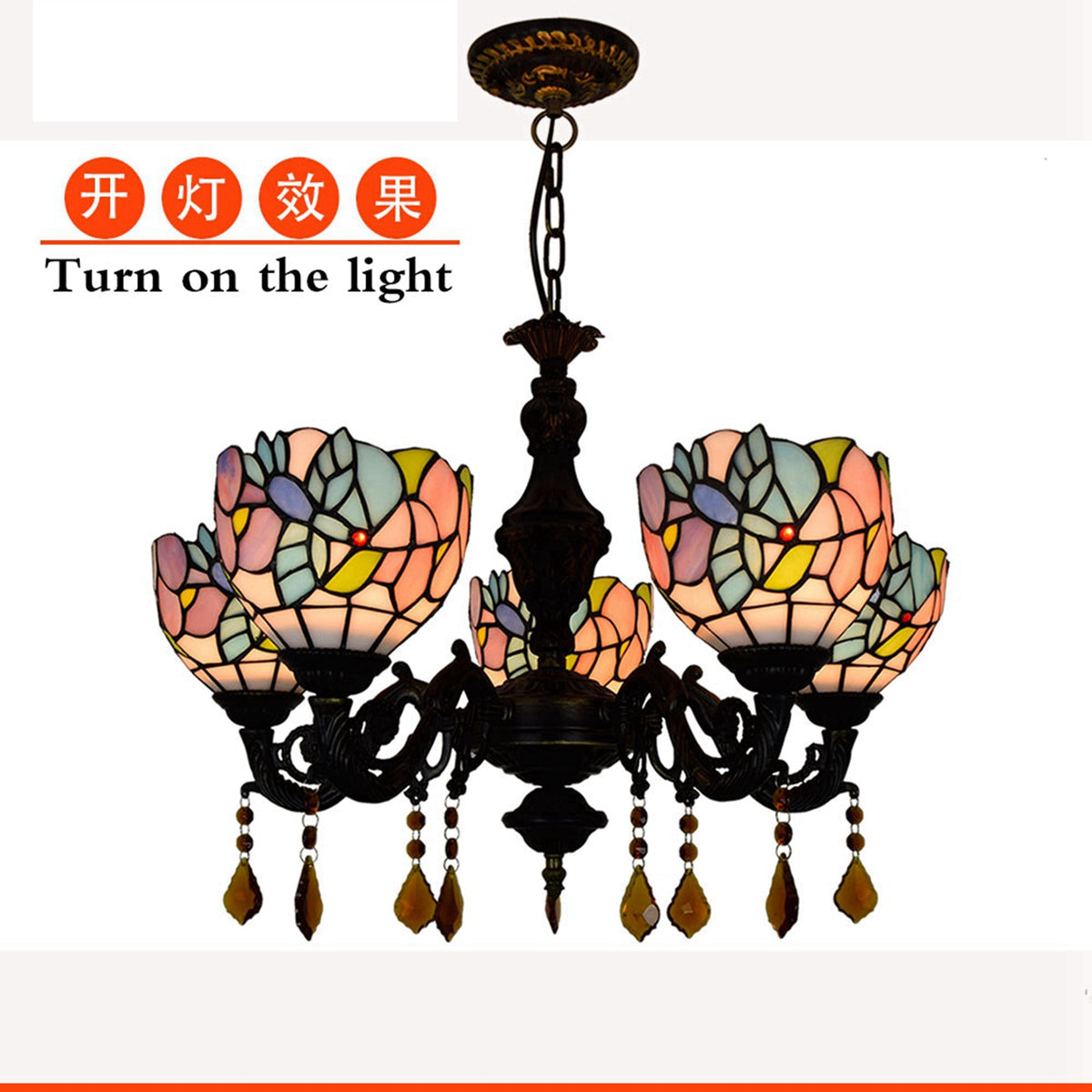 Art Nouveau chandelier in multicoloured tinted glass with 5 lights