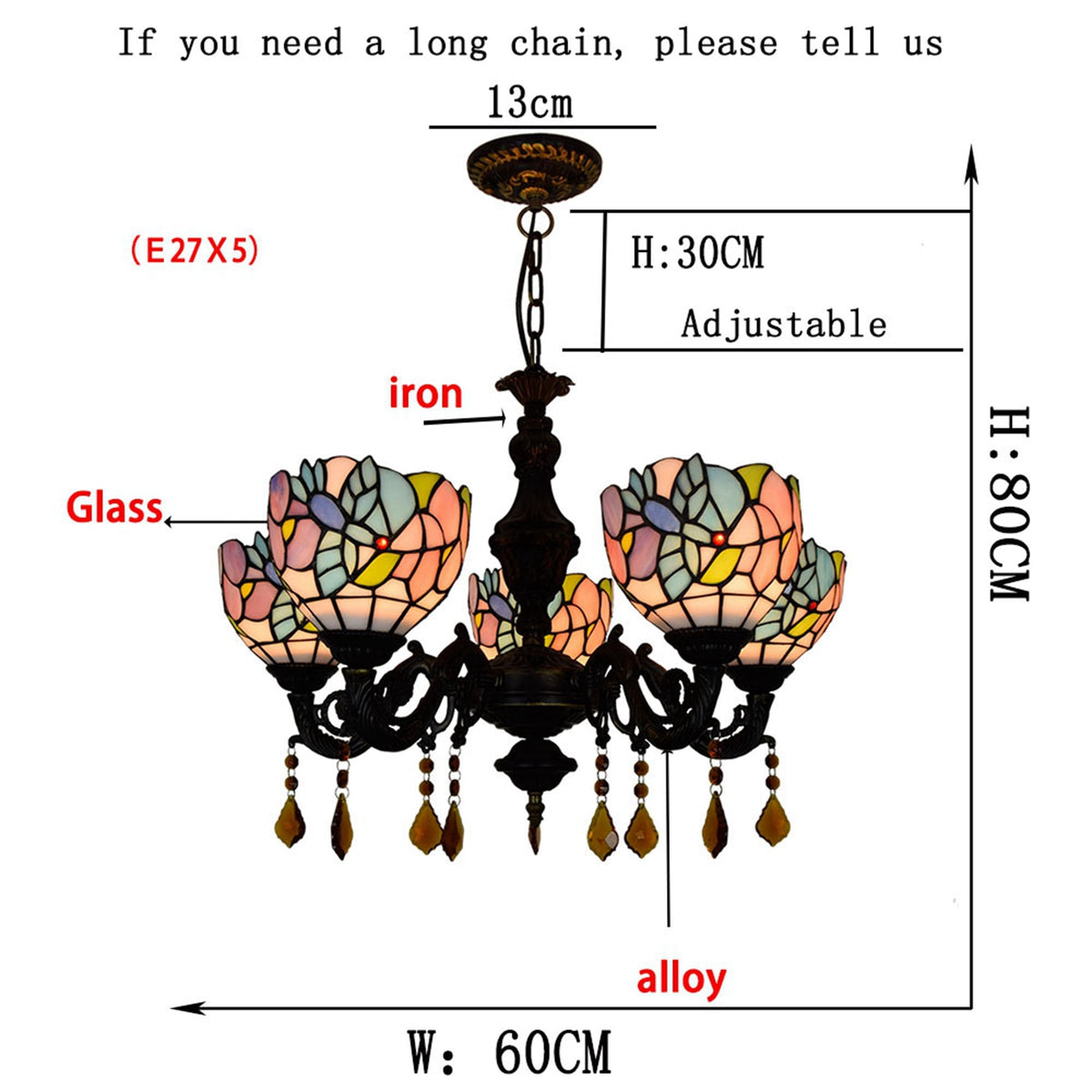 Art Nouveau chandelier in multicoloured tinted glass with 5 lights