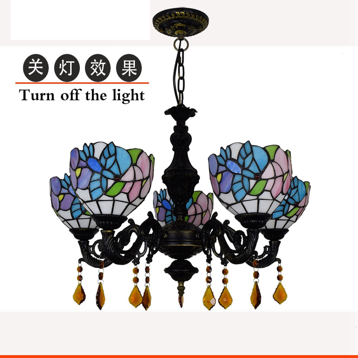 Art Nouveau chandelier in multicoloured tinted glass with 5 lights