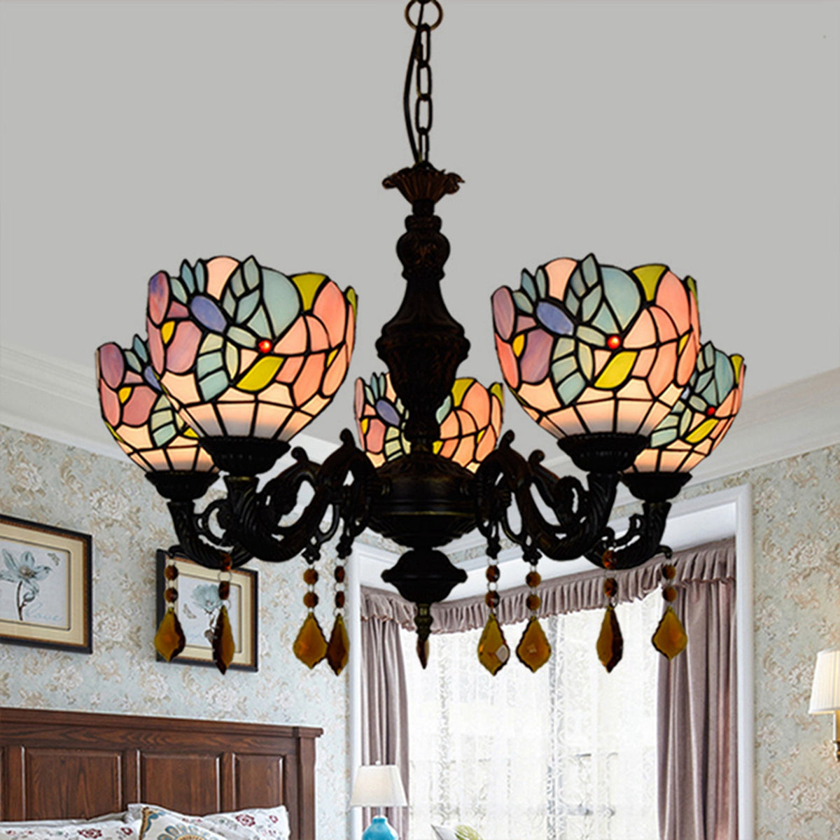 Art Nouveau chandelier in multicoloured tinted glass with 5 lights