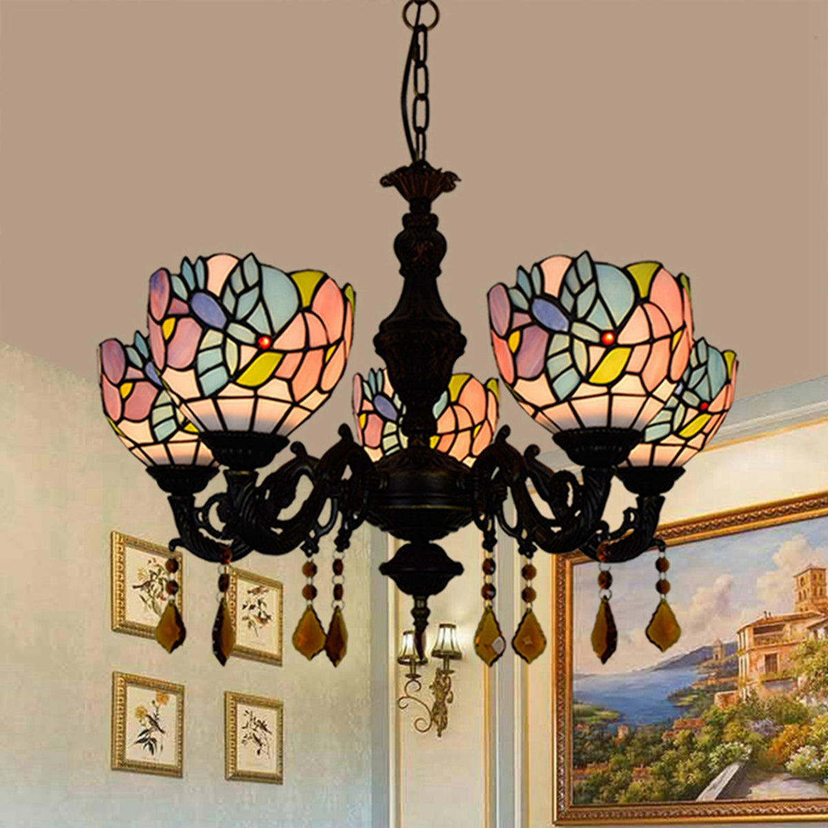 Art Nouveau chandelier in multicoloured tinted glass with 5 lights