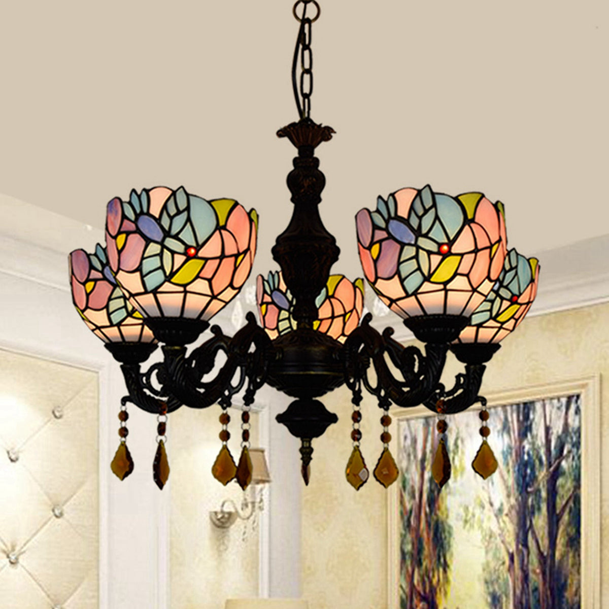 Art Nouveau chandelier in multicoloured tinted glass with 5 lights