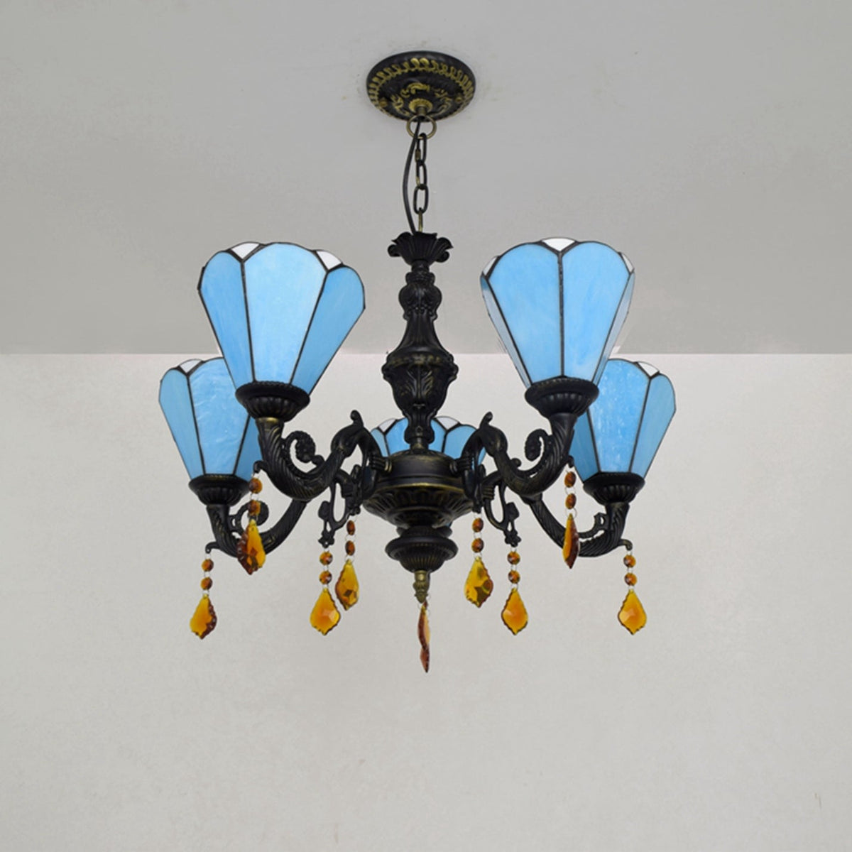Five-Light Tiffany Style Chandelier in Blue Glass