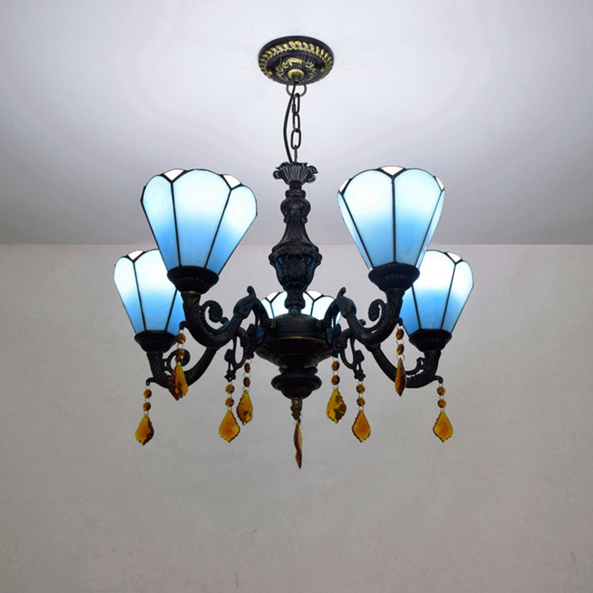 Five-Light Tiffany Style Chandelier in Blue Glass