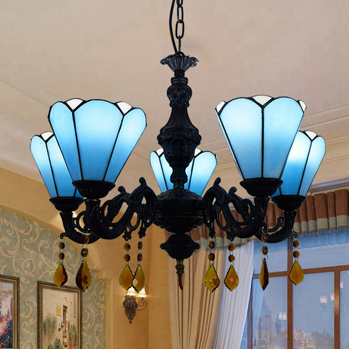 Five-Light Tiffany Style Chandelier in Blue Glass