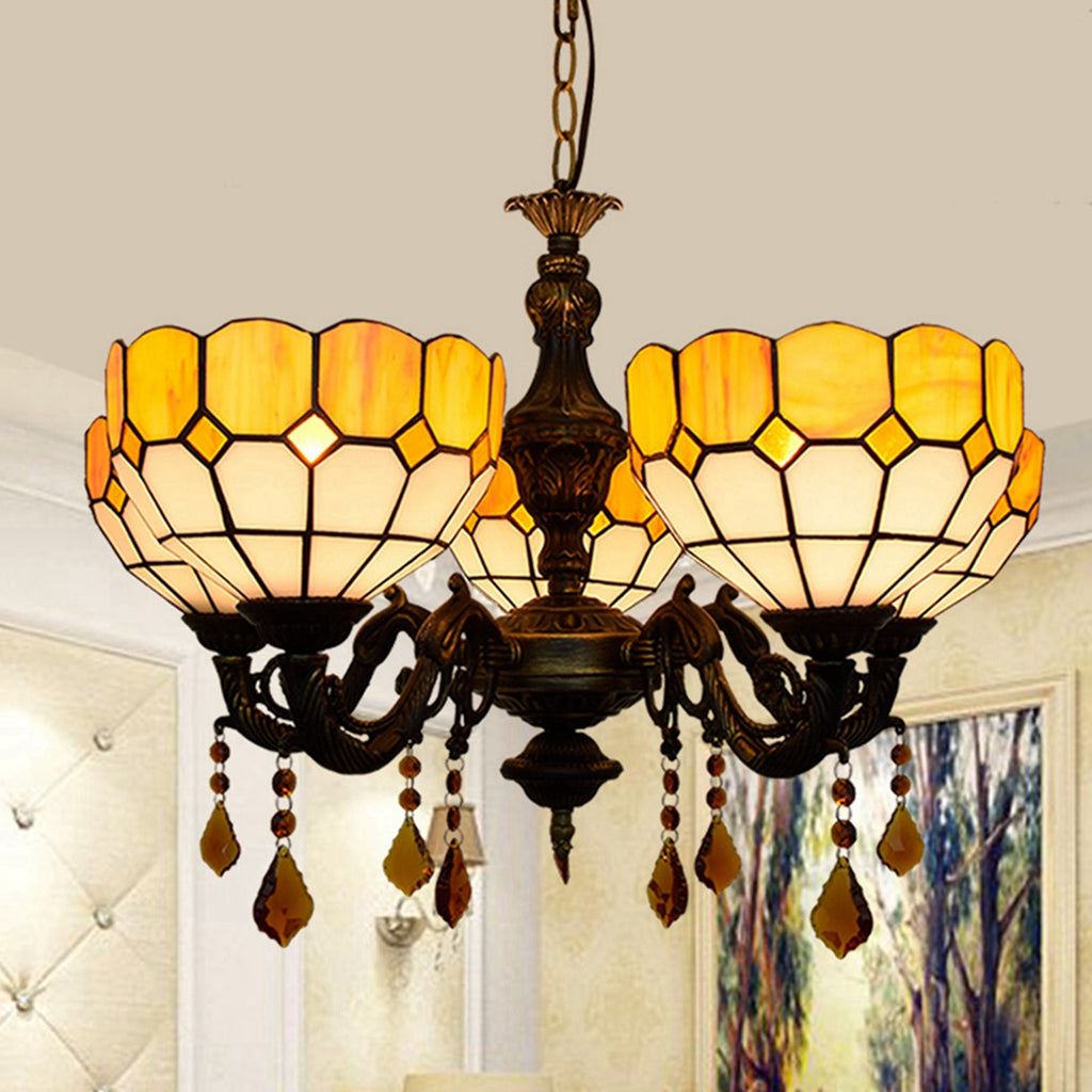 Tiffany Style Bronze Chandelier with 5 Amber Lights