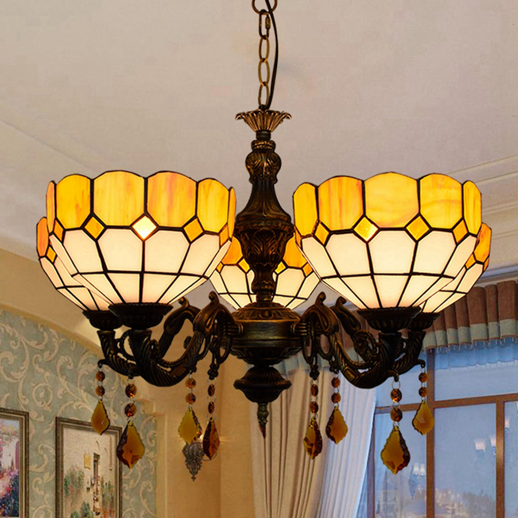 Tiffany Style Bronze Chandelier with 5 Amber Lights