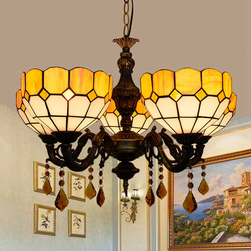 Tiffany Style Bronze Chandelier with 5 Amber Lights