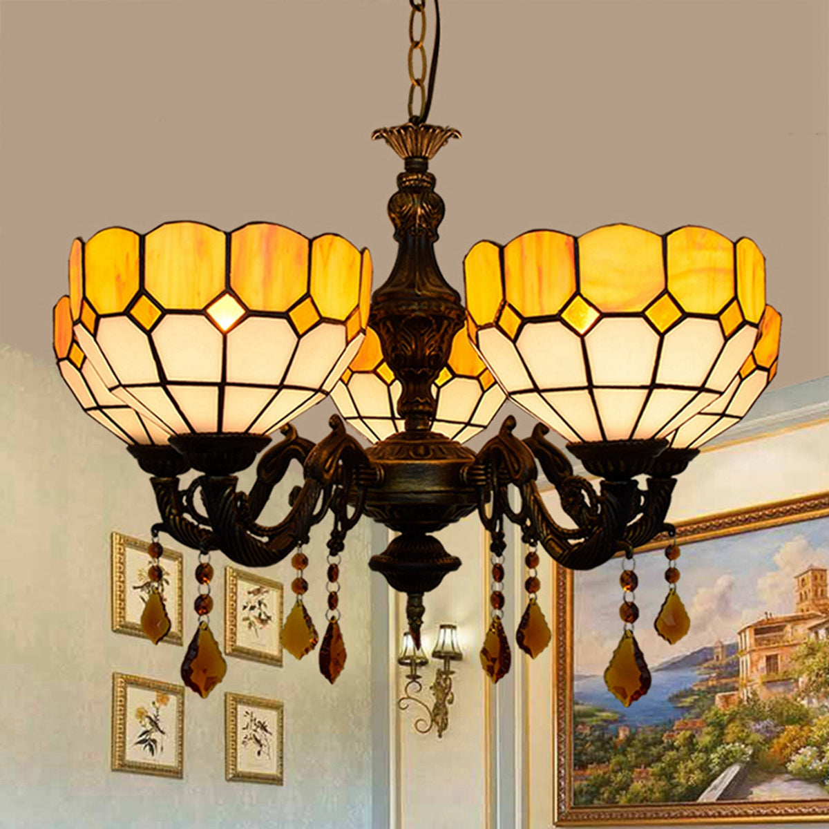 Tiffany Style Bronze Chandelier with 5 Amber Lights