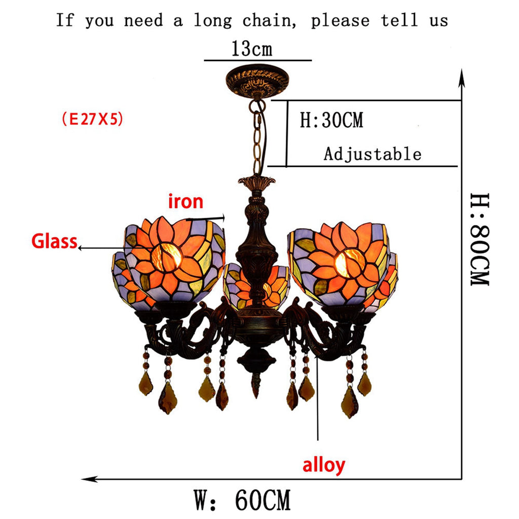Floral and Crystal Tiffany Style Stained Glass Chandelier