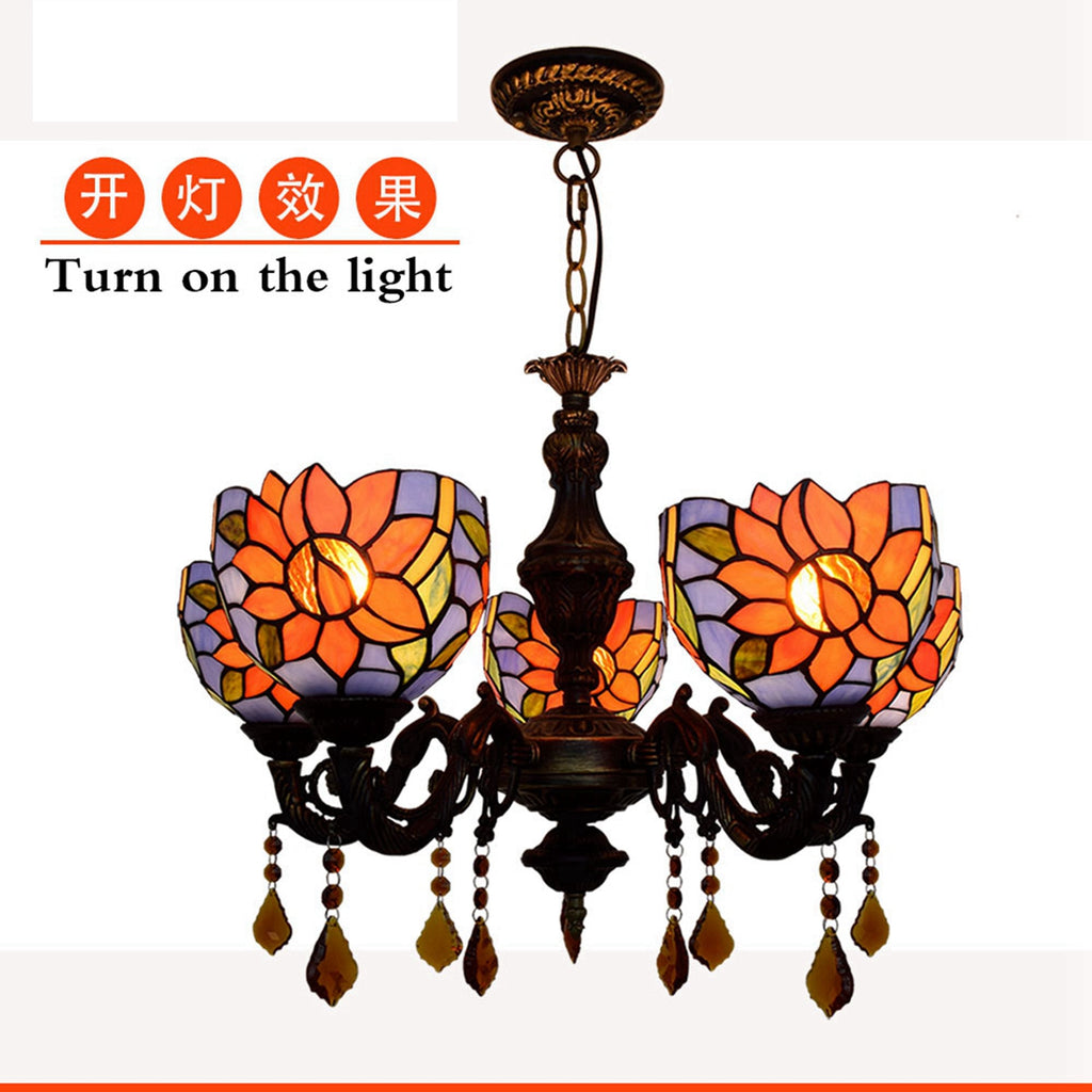 Floral and Crystal Tiffany Style Stained Glass Chandelier