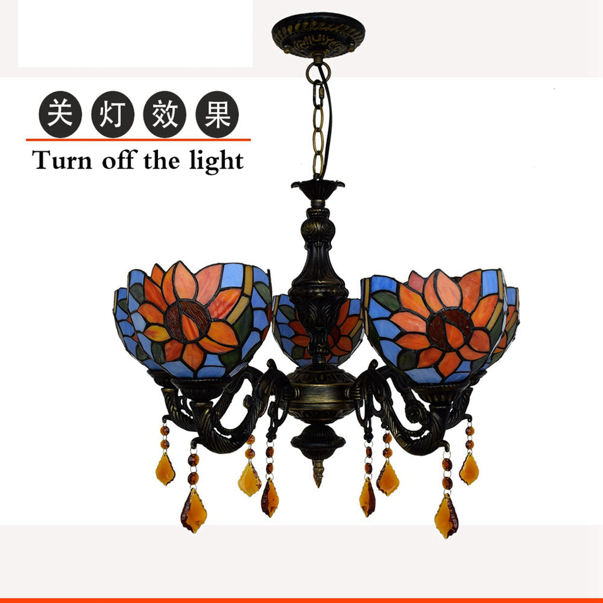 Floral and Crystal Tiffany Style Stained Glass Chandelier